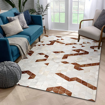 Beige and Brown Cowhide Patchwork Area Rug, Unique Handmade Natural Rug