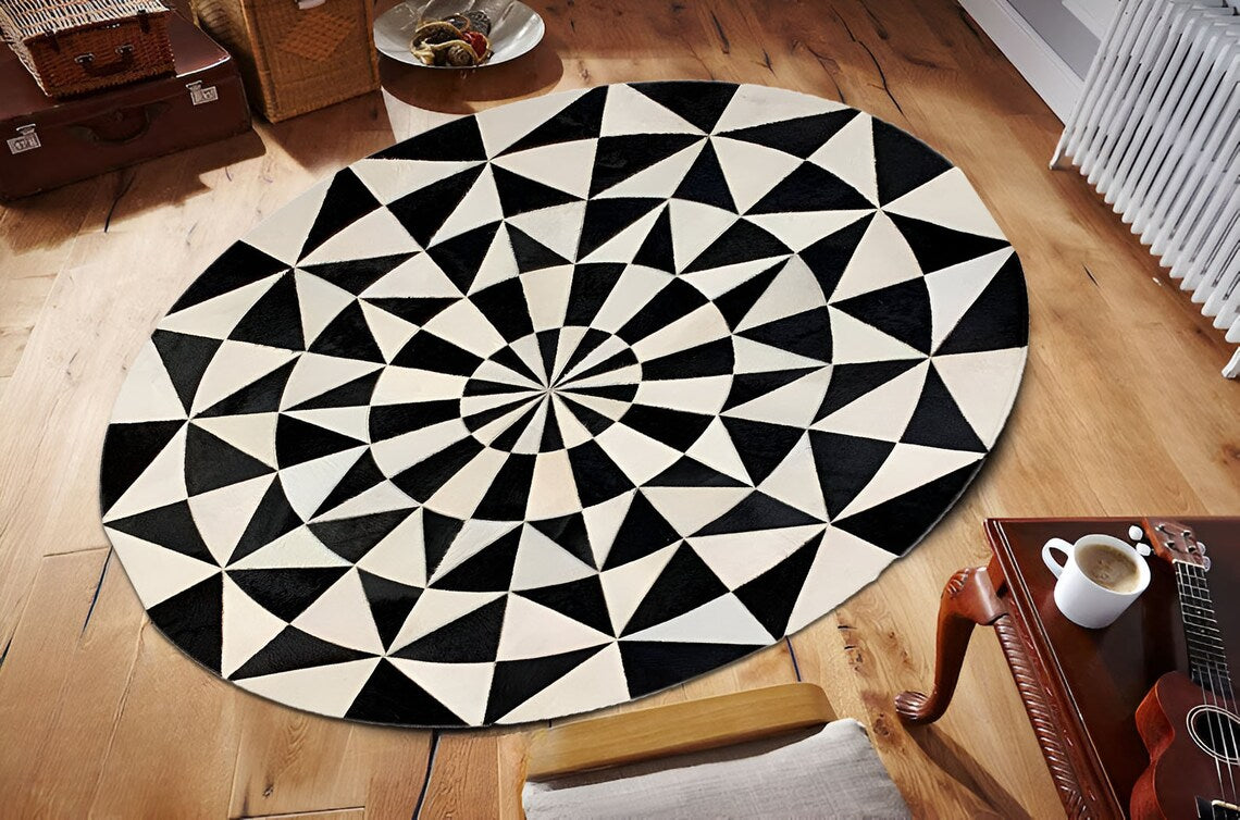 Black And White Handmade Real Cowhide Round Rug , Luxury Office Carpet