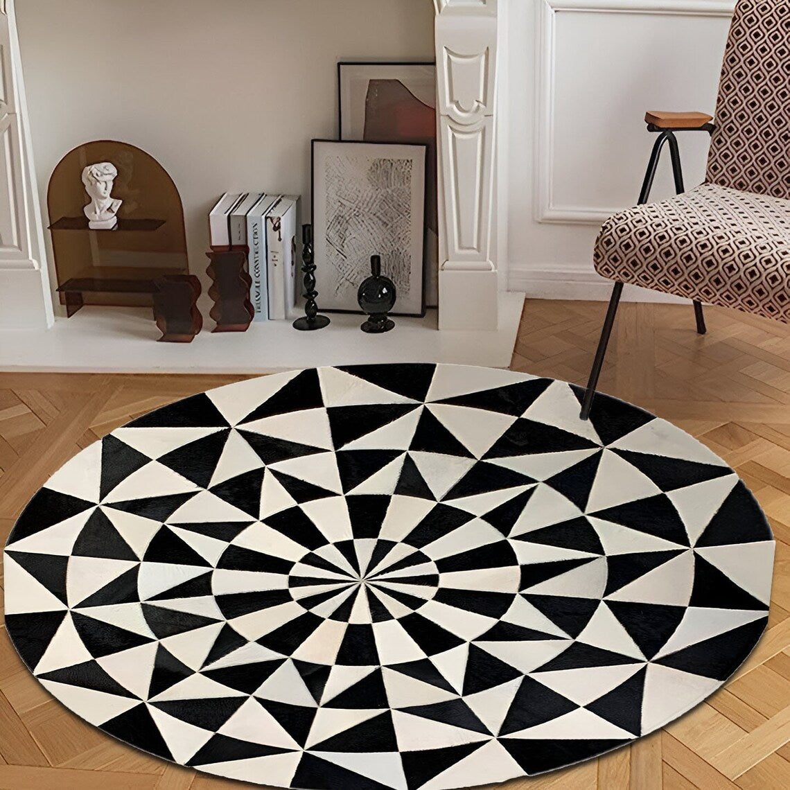 Black And White Handmade Real Cowhide Round Rug , Luxury Office Carpet