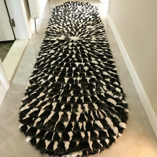 Black And White Natural Fox Fur Runner Rug , Handmade Modern Soft Rug