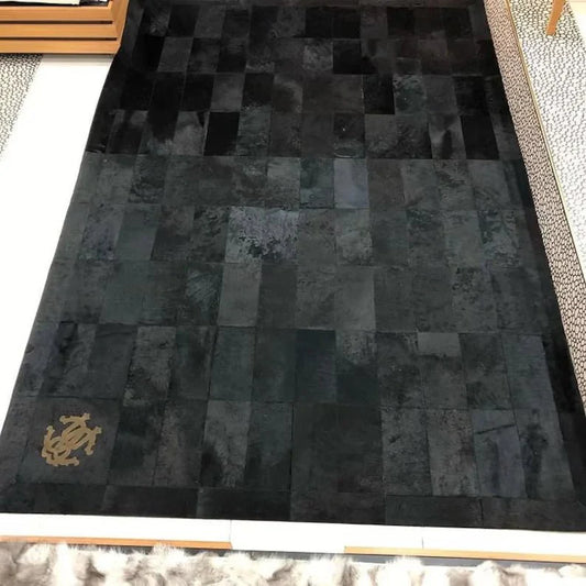 Black Cowhide Patchwork Rug for Living Room Decor, Handmade Rug Natural Leather Cow Skin - Wonder fur rug Rug Wonder Fur Rug Wonder fur rug