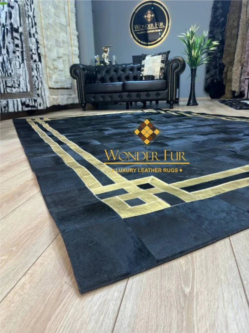 Black Gold Luxury Cowhide Rug, Unique 100% Genuine Cowhide Patchwork Rug, Bedroom Rug - Wonder fur rug Rug Wonder Fur Rug Wonder fur rug