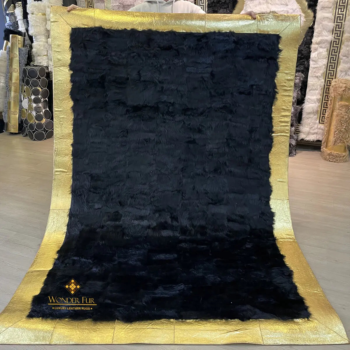 Patchwork Handmade Natural Black Gold Sheepskin 8x10 Living Room Rug