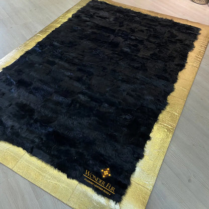 Patchwork Handmade Natural Black Gold Sheepskin 8x10 Living Room Rug