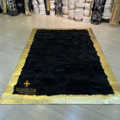 Patchwork Handmade Natural Black Gold Sheepskin 8x10 Living Room Rug