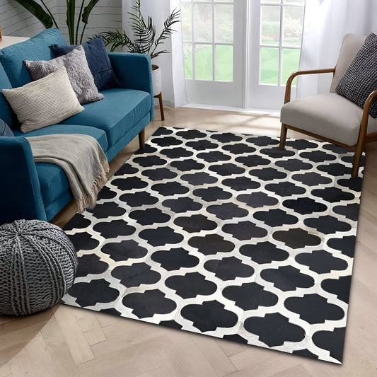 Black White Natural Cowhide Area Rug, 100% Genuine Leather Patchwork Rug