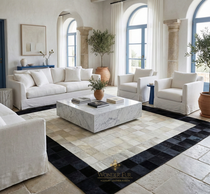 Black Bordered White Natural Cowhide Area 10x9 Rug, Hair on Leather Cow Skin Carpet