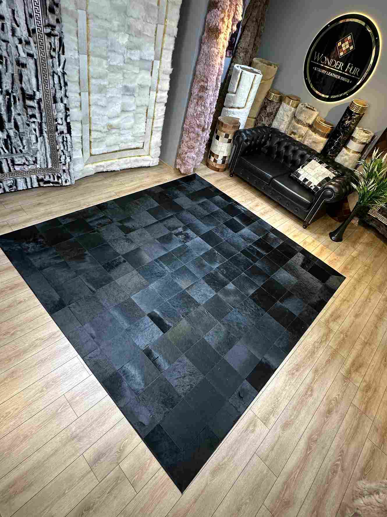 Black Customizable Cowhide Area Floor Rug, Handmade Patchwork Rug, Luxury Carpet for Bed Room