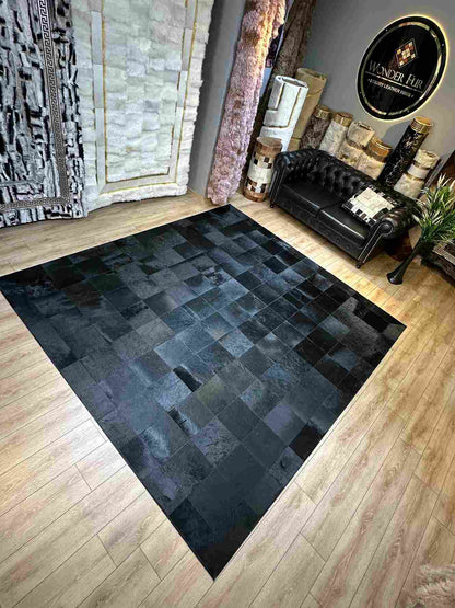 Black Customizable Cowhide Area Floor Rug, Handmade Patchwork Rug, Luxury Carpet for Bed Room