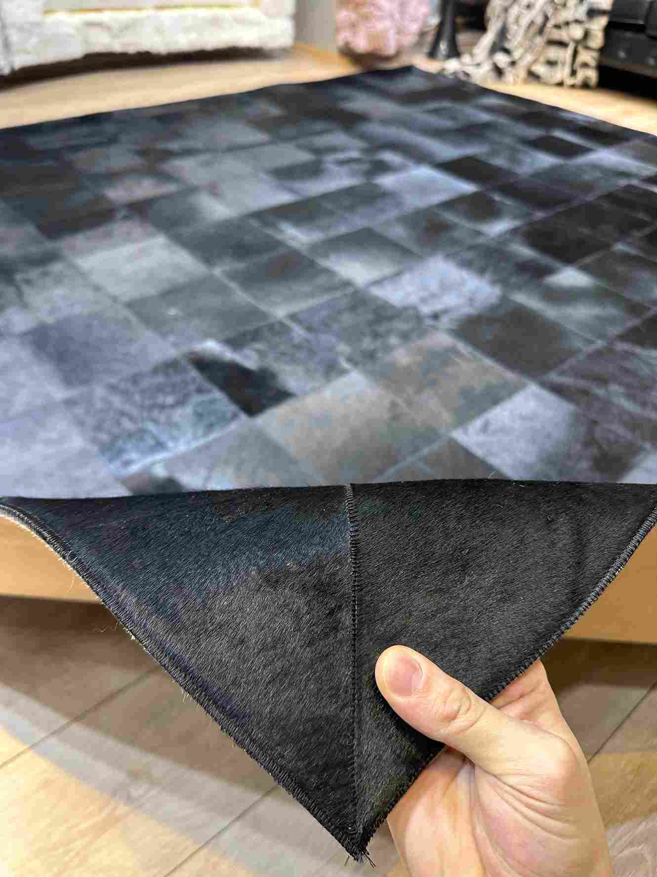 Black Customizable Cowhide Area Floor Rug, Handmade Patchwork Rug, Luxury Carpet for Bed Room