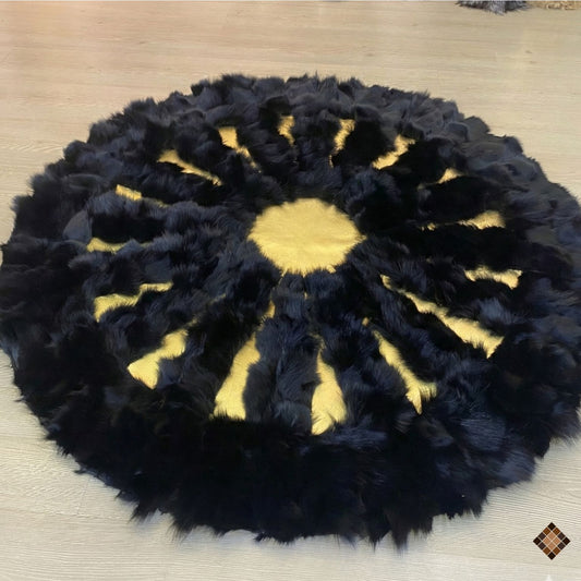 Luxury Black & Gold Fox Fur Round Area Rug | Handmade Genuine Fox Fur