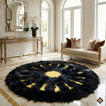 Luxury Black & Gold Fox Fur Round Area Rug | Handmade Genuine Fox Fur