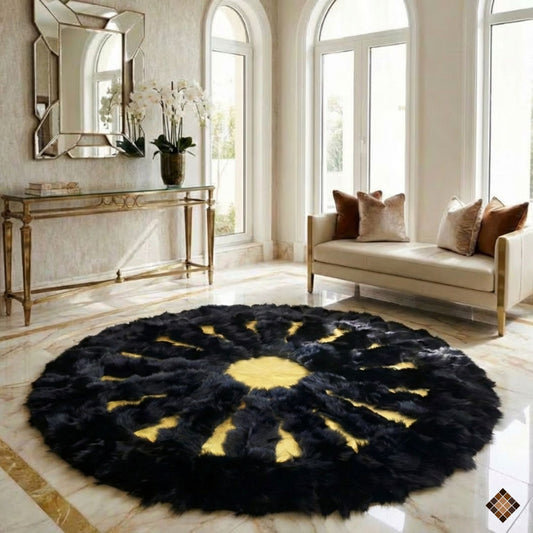Luxury Black & Gold Fox Fur Round Area Rug | Handmade Genuine Fox Fur