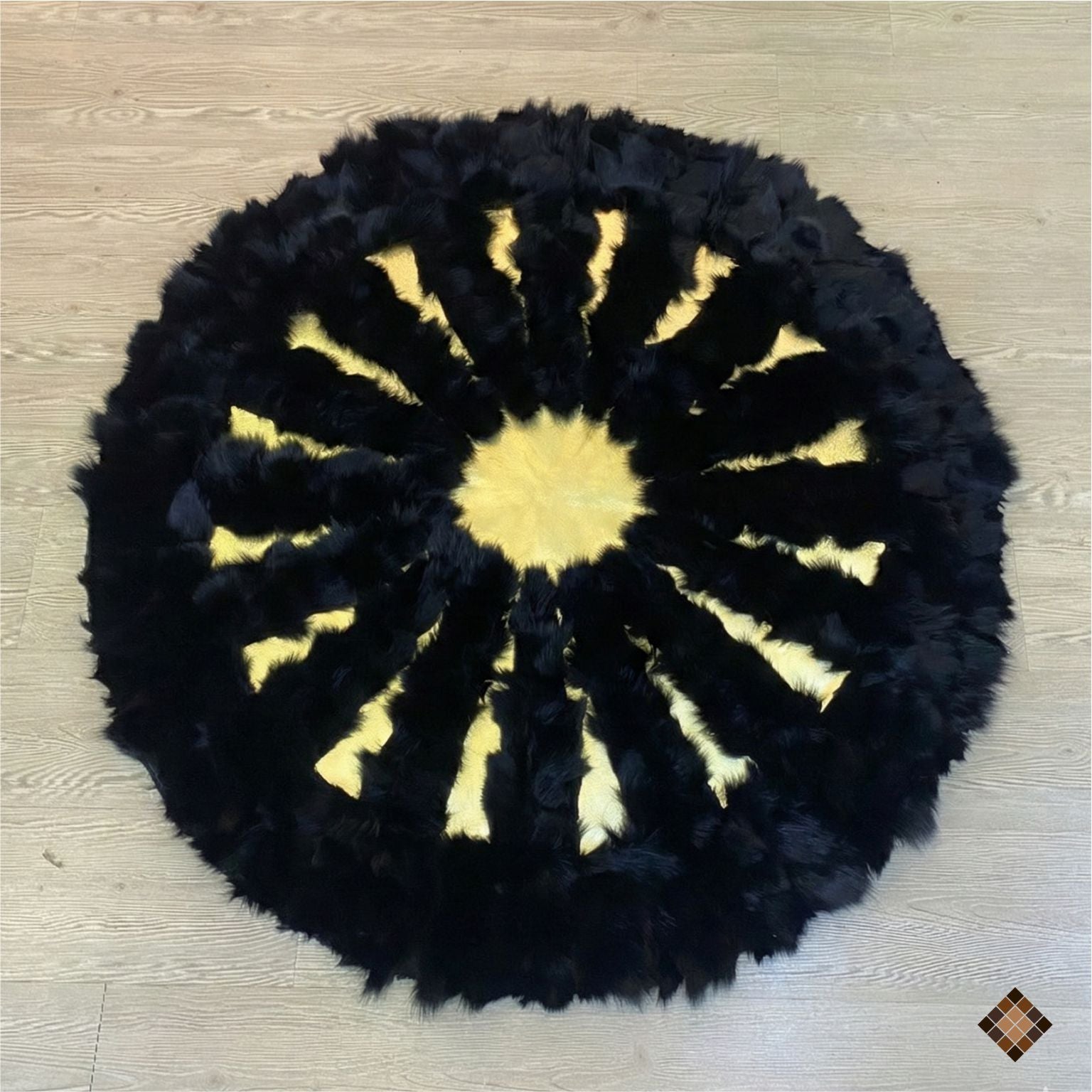 Black Fox Fur Round Rug with Gold Center - WONDERFURRUG