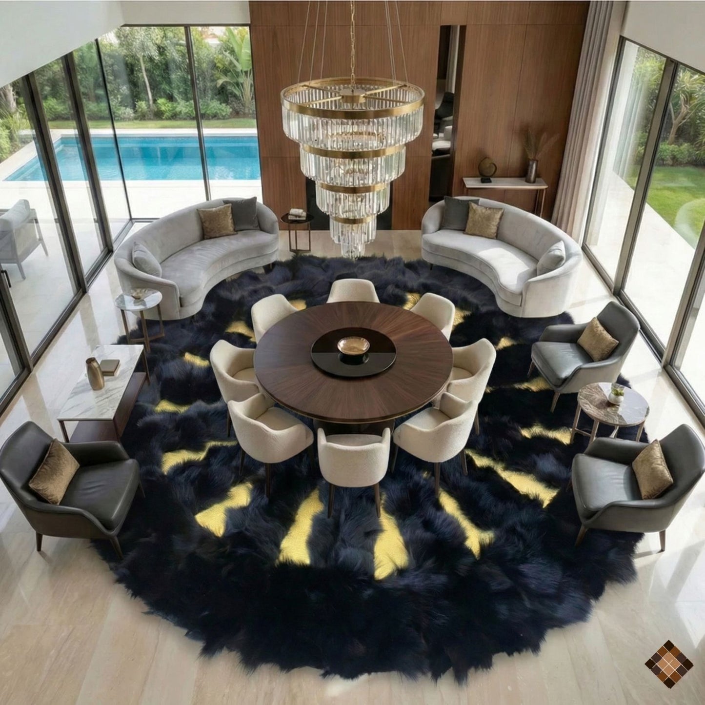 Black Fox Fur Round Rug with Gold Center - WONDERFURRUG