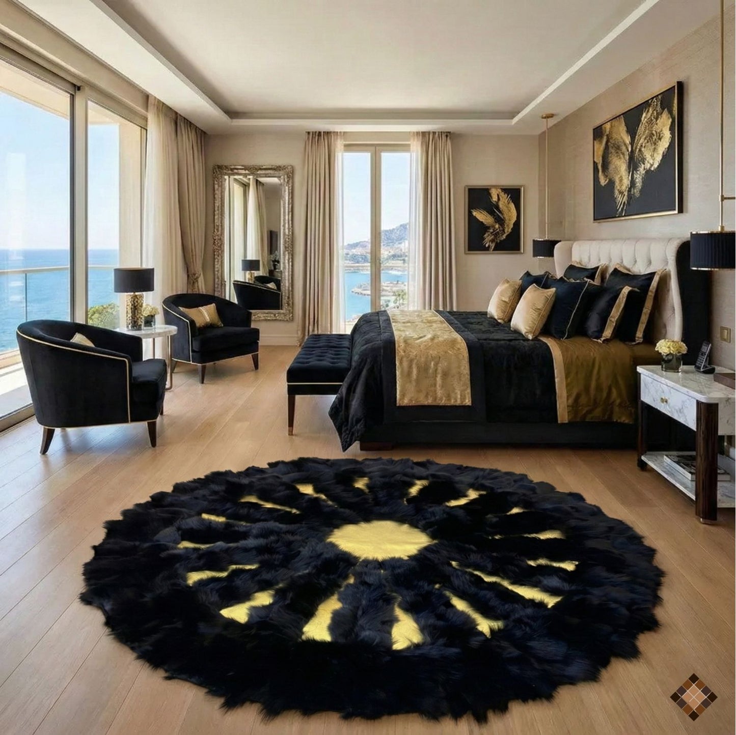 Luxury Black & Gold Fox Fur Round Area Rug | Handmade Genuine Fox Fur