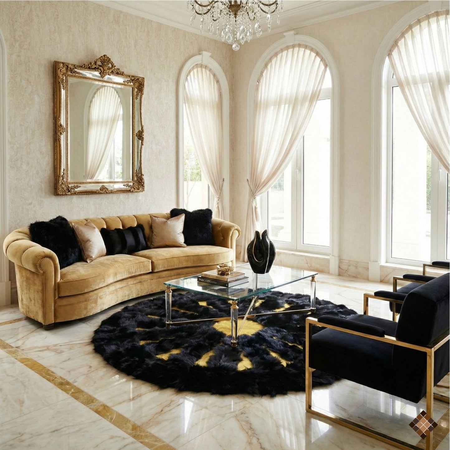 Black Fox Fur Round Rug with Gold Center - WONDERFURRUG