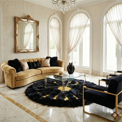 Black Fox Fur Round Rug with Gold Center - WONDERFURRUG