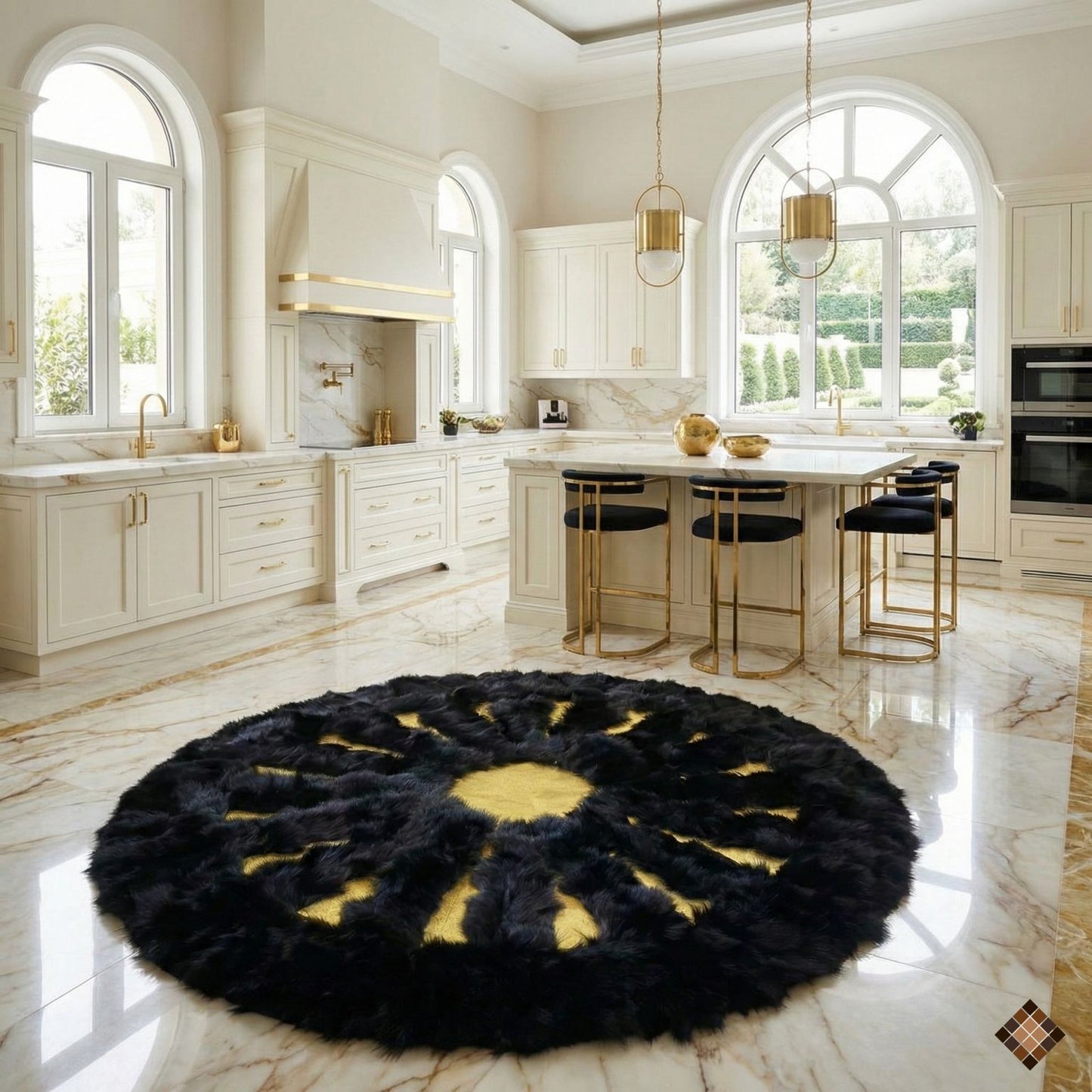 Black Fox Fur Round Rug with Gold Center - WONDERFURRUG