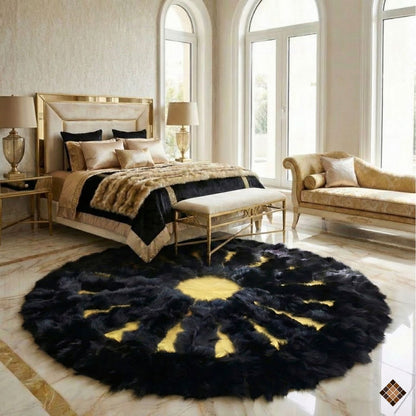 Black Fox Fur Round Rug with Gold Center - WONDERFURRUG