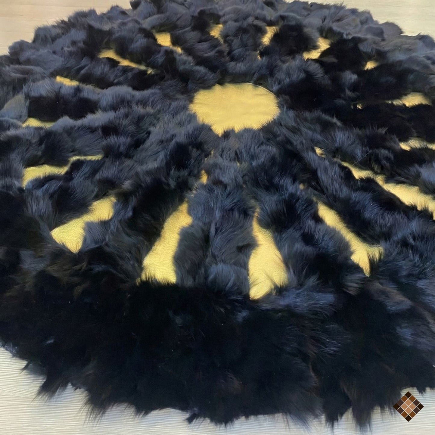 Black Fox Fur Round Rug with Gold Center - WONDERFURRUG