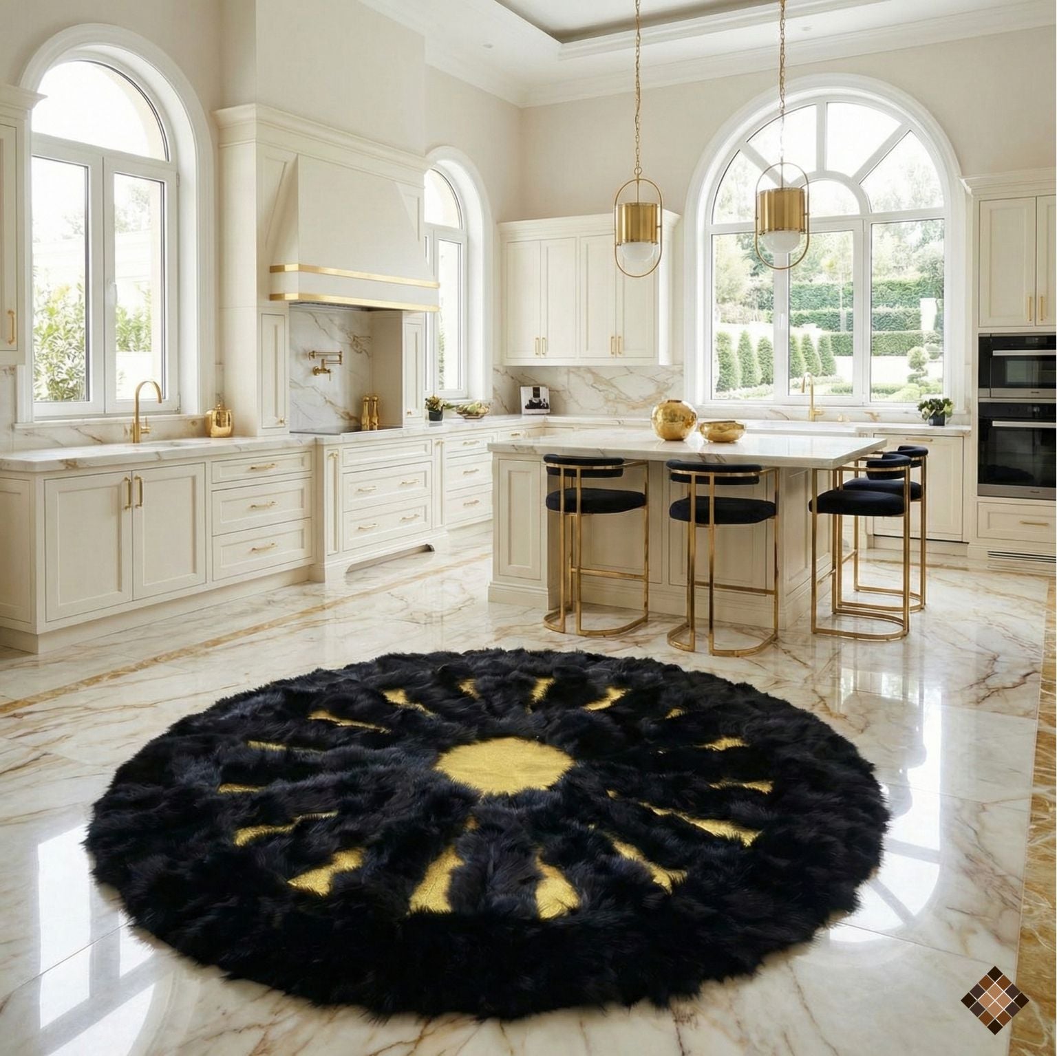 Black Fox Fur Round Rug with Gold Center - WONDERFURRUG