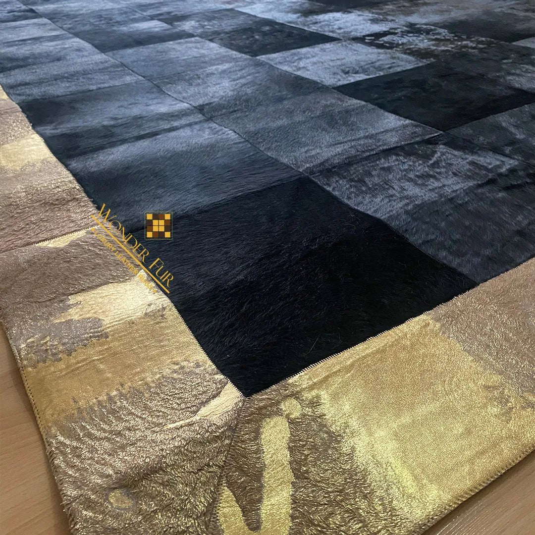 Black & Gold Customizable Cowhide Area Floor Rug, Handmade Patchwork Rug, Luxury Carpet for Bed Room - Wonder fur rug Rug Wonder Fur Rug Wonder fur rug