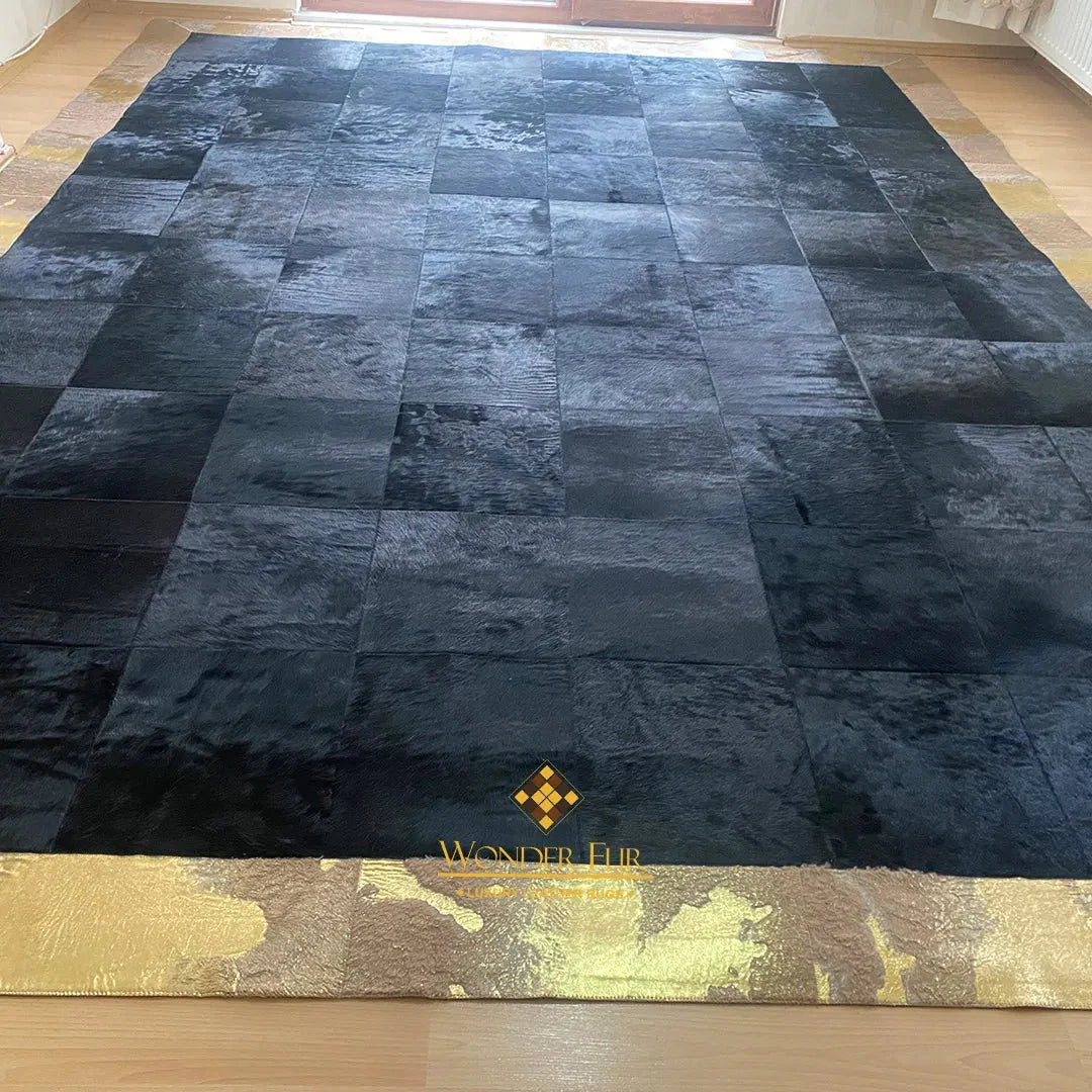 Black & Gold Customizable Cowhide Area Floor Rug, Handmade Patchwork Rug, Luxury Carpet for Bed Room - Wonder fur rug Rug Wonder Fur Rug Wonder fur rug