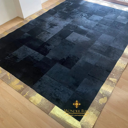 Black & Gold Customizable Cowhide Area Floor Rug, Handmade Patchwork Rug, Luxury Carpet for Bed Room - Wonder fur rug Rug Wonder Fur Rug Wonder fur rug