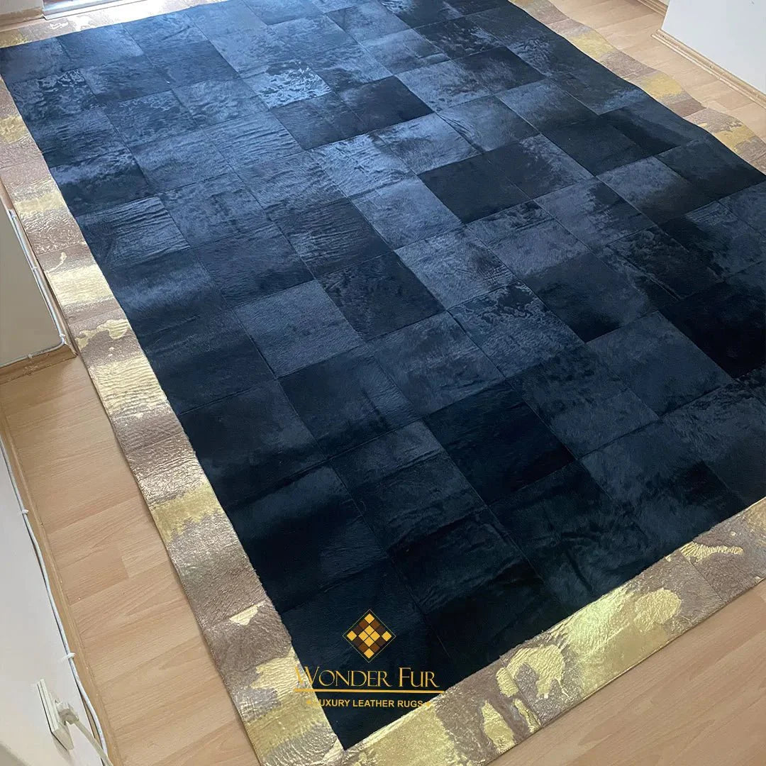 Black & Gold Customizable Cowhide Area Floor Rug, Handmade Patchwork Rug, Luxury Carpet for Bed Room - Wonder fur rug Rug Wonder Fur Rug Wonder fur rug