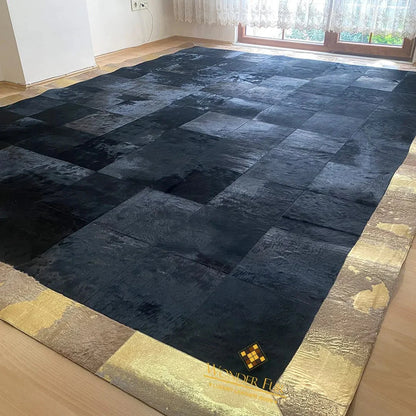 Black & Gold Customizable Cowhide Area Floor Rug, Handmade Patchwork Rug, Luxury Carpet for Bed Room - Wonder fur rug Rug Wonder Fur Rug Wonder fur rug