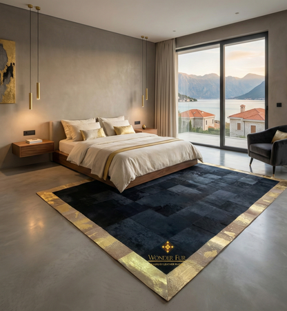 Black & Gold Customizable Cowhide Area Floor Rug, Handmade Patchwork Rug, Luxury Carpet for Bed Room