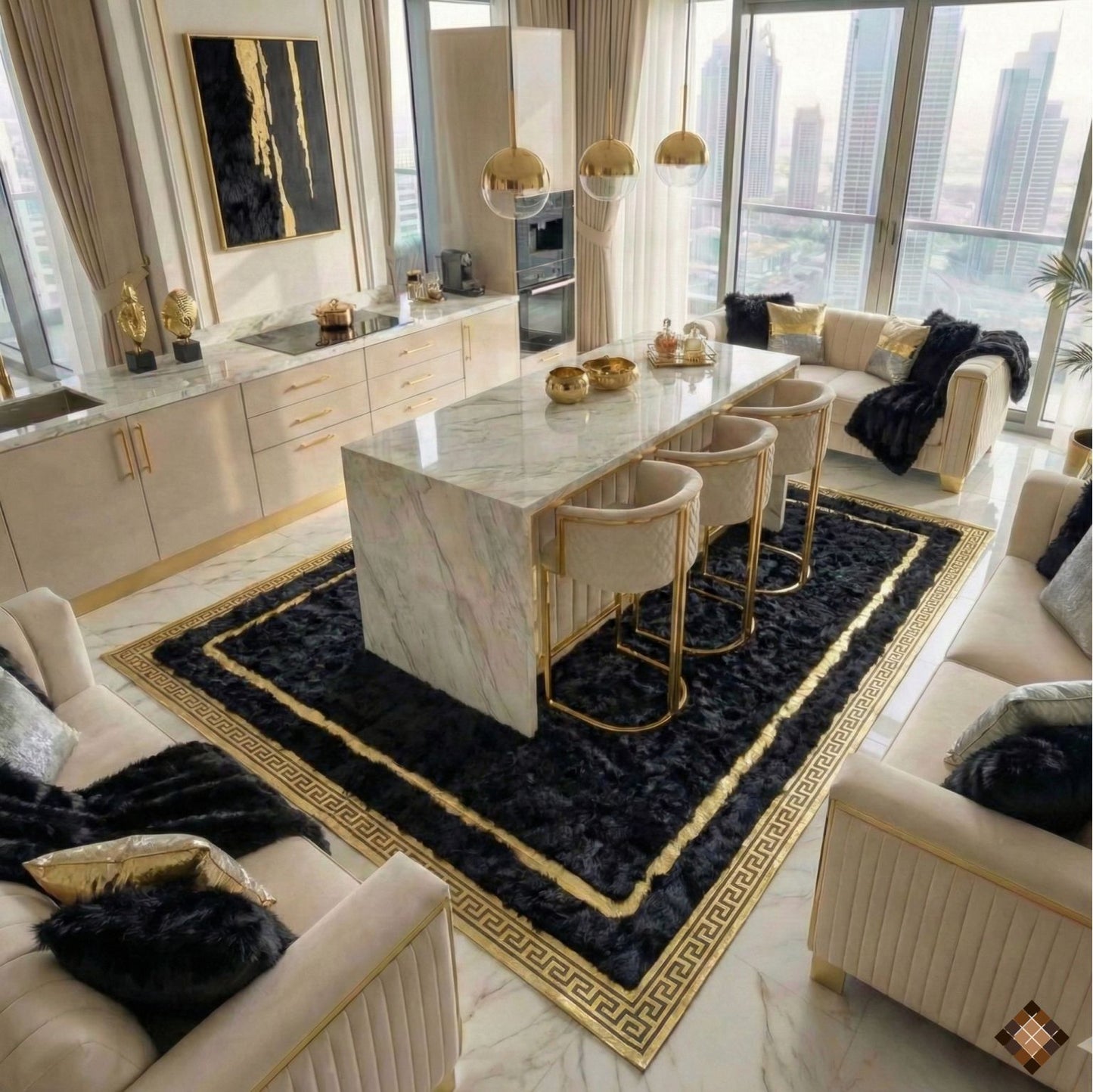 Black & Gold Greek Key Genuine Sheepskin Area Rug