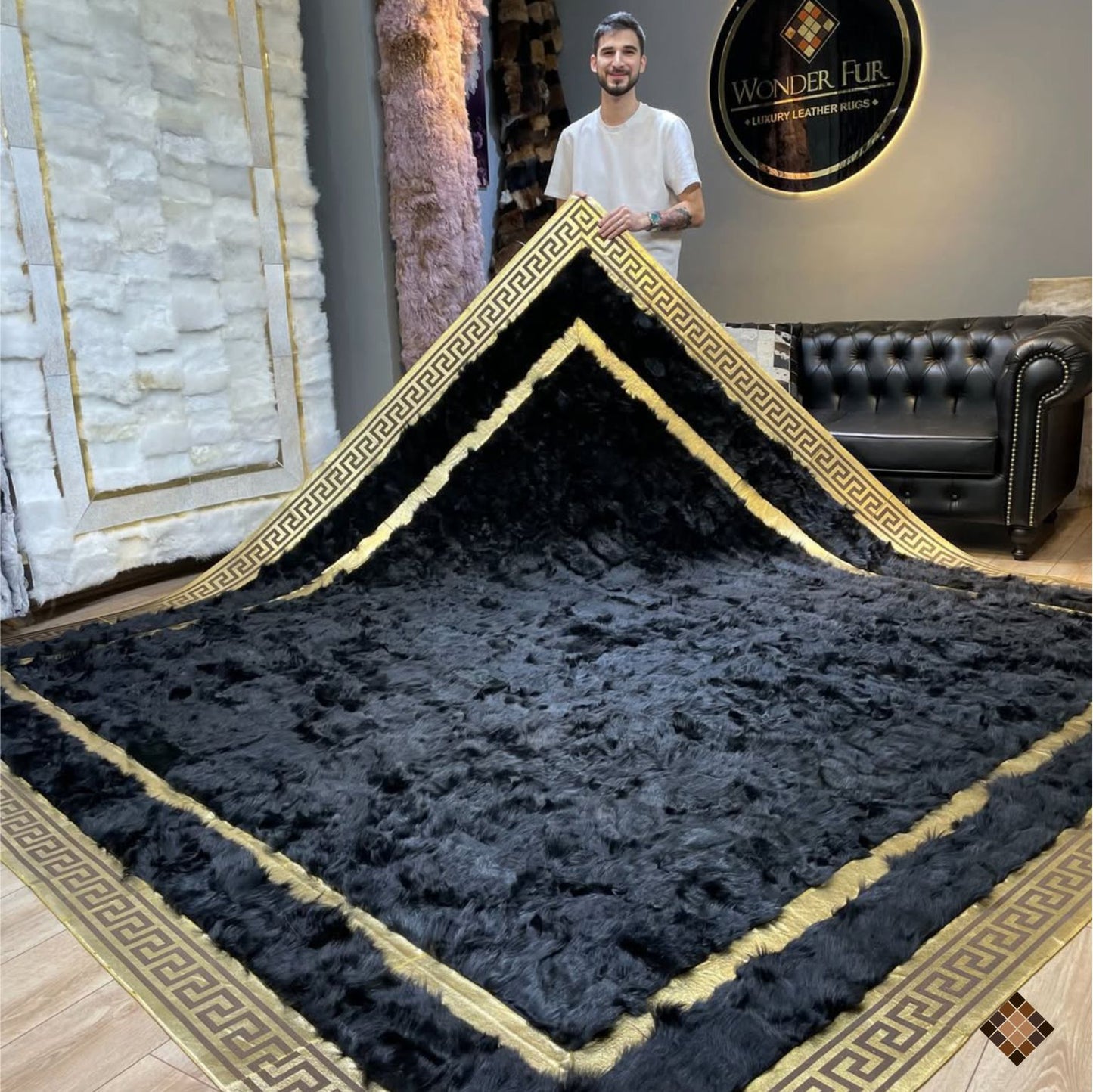 Black & Gold Greek Key Genuine Sheepskin Area Rug
