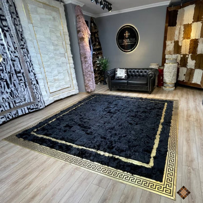 Black & Gold Greek Key Genuine Sheepskin Area Rug