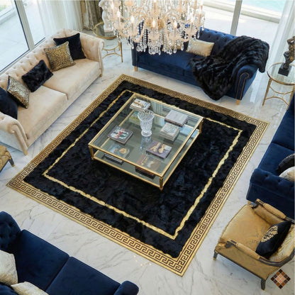 Black & Gold Greek Key Genuine Sheepskin Area Rug