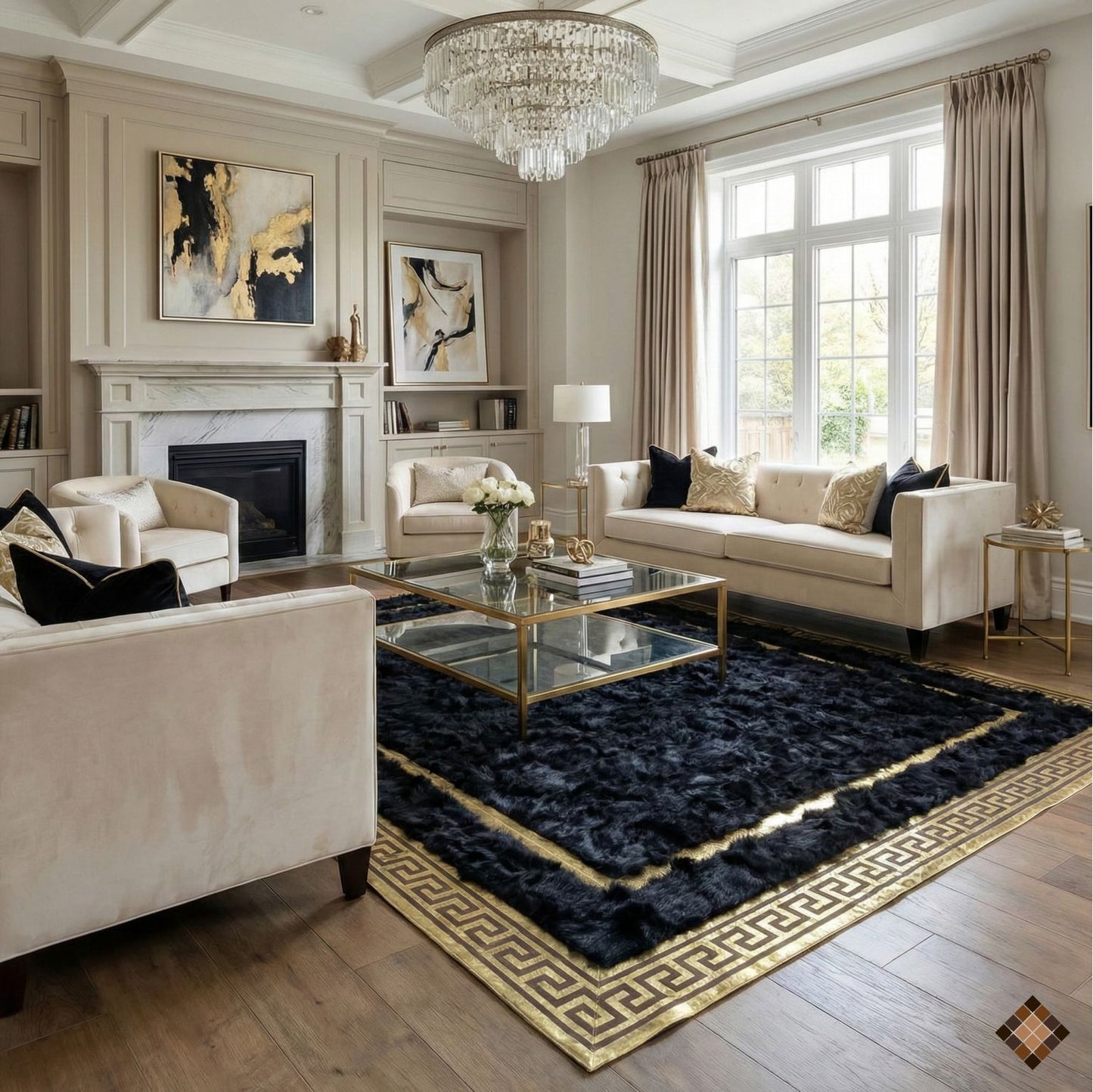 Black & Gold Greek Key Genuine Sheepskin Area Rug
