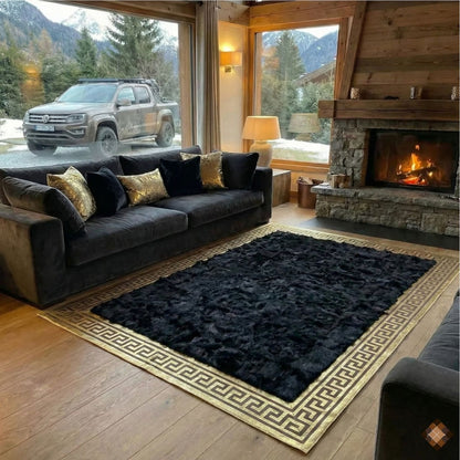 Black & Gold Greek Key Genuine Sheepskin Area Rug