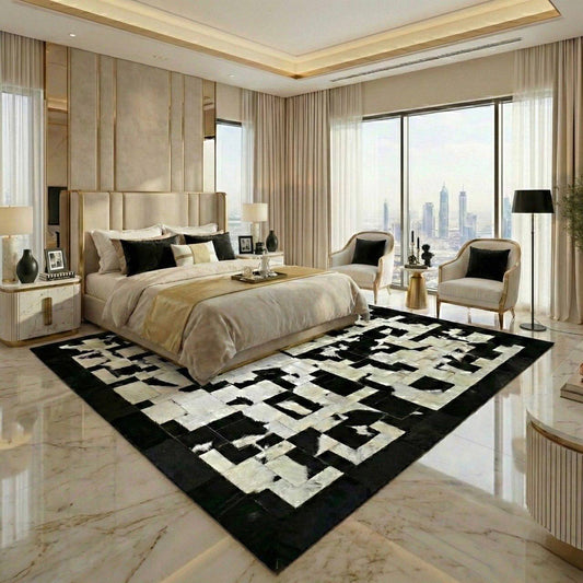 Black White Natural Cowhide Area Rug - Handmade Non Slip Living Room Rug