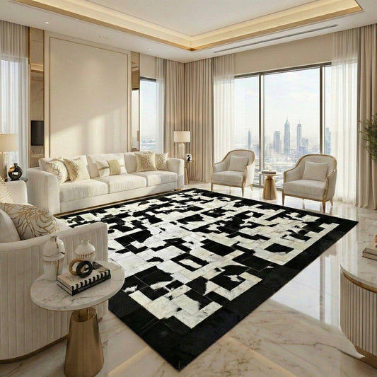 Black White Natural Cowhide Area Rug - Handmade Non Slip Living Room Rug