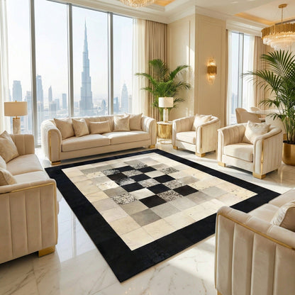 Black and Cream Patchwork Area Rug, Natural Cowhide Area Rug, Geometric Black and Cream Patchwork Cowhide Rug - WONDERFURRUG