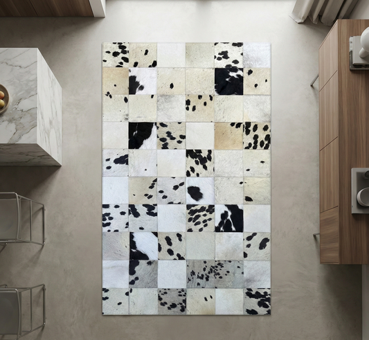 Black and White 100% Genuine Handmade Cow Skin Carpet, Natural Cowhide Patchwork Rug