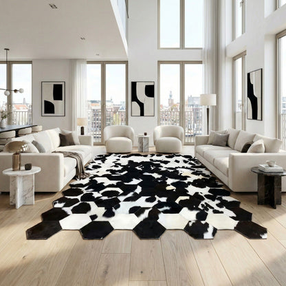 Black and White Cowhide 9x6 Rug, Natural Leather Cow Skin Rug, Unique Handmade Patchwork Rug