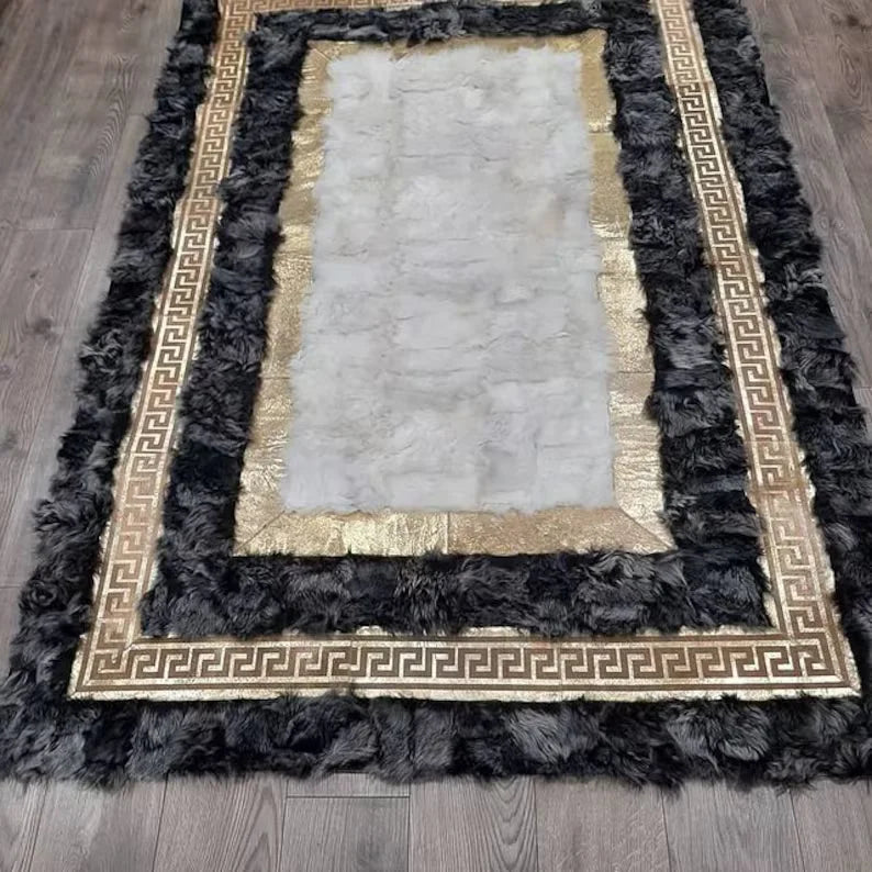 Black and Gold Sheepskin Area 9x12 Rug Luxury Soft Handmade Natural Sheepskin Carpet