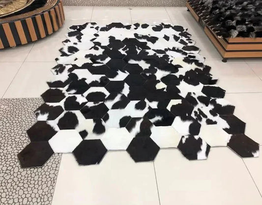 Black and White Cowhide 9x6 Rug, Natural Leather Cow Skin Rug, Unique Handmade Patchwork Rug - Wonder fur rug Rug Wonder Fur Rug Wonder fur rug