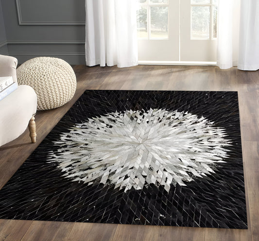 Black and White Geometric Pattern Cowhide Area Rug, 100% Genuine Leather Rug