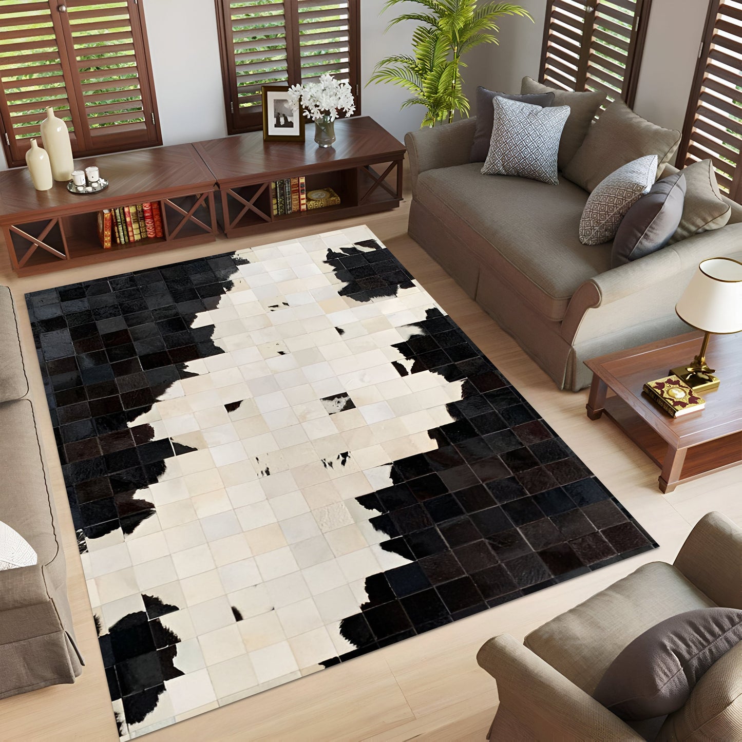 Black and White Natural Cowhide Patchwork Rug, Handmade Cow Skin Non Slip Rug