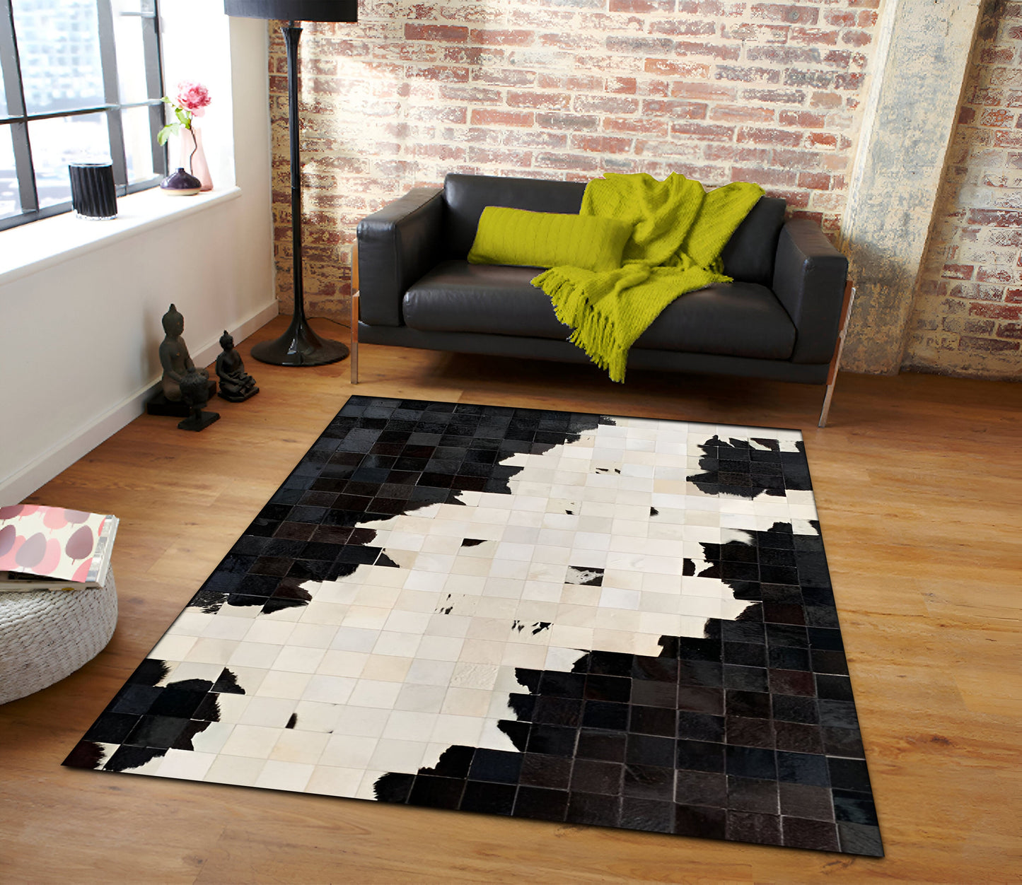 Black and White Natural Cowhide Patchwork Rug, Handmade Cow Skin Non Slip Rug