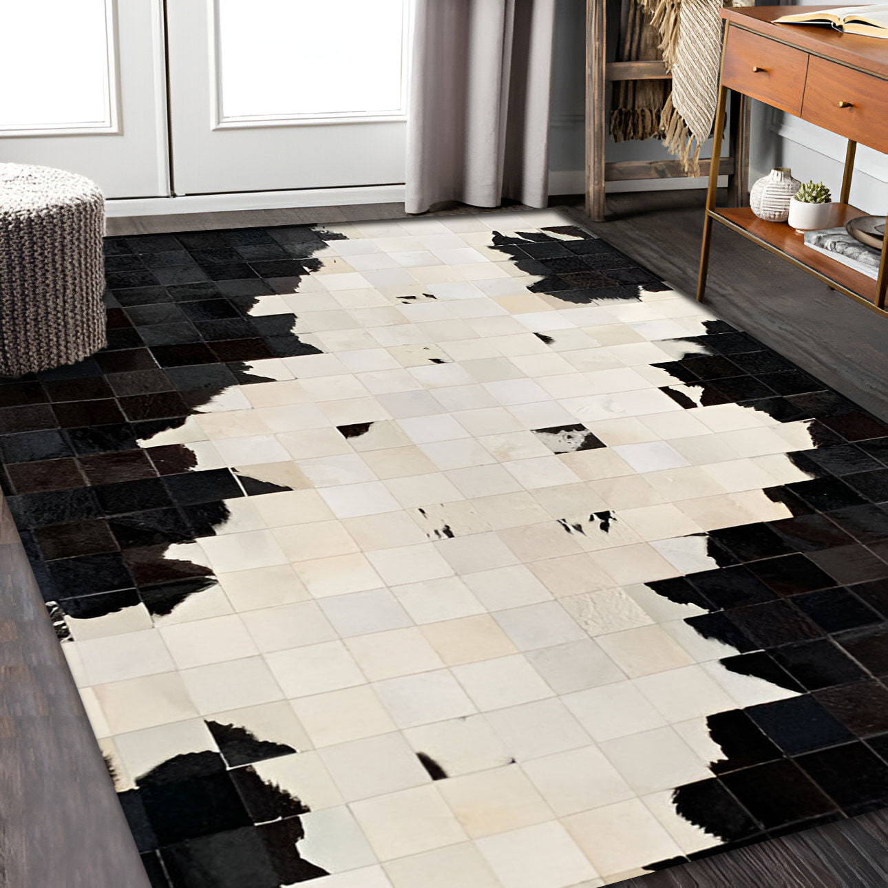 Black and White Natural Cowhide Patchwork Rug, Handmade Cow Skin Non Slip Rug