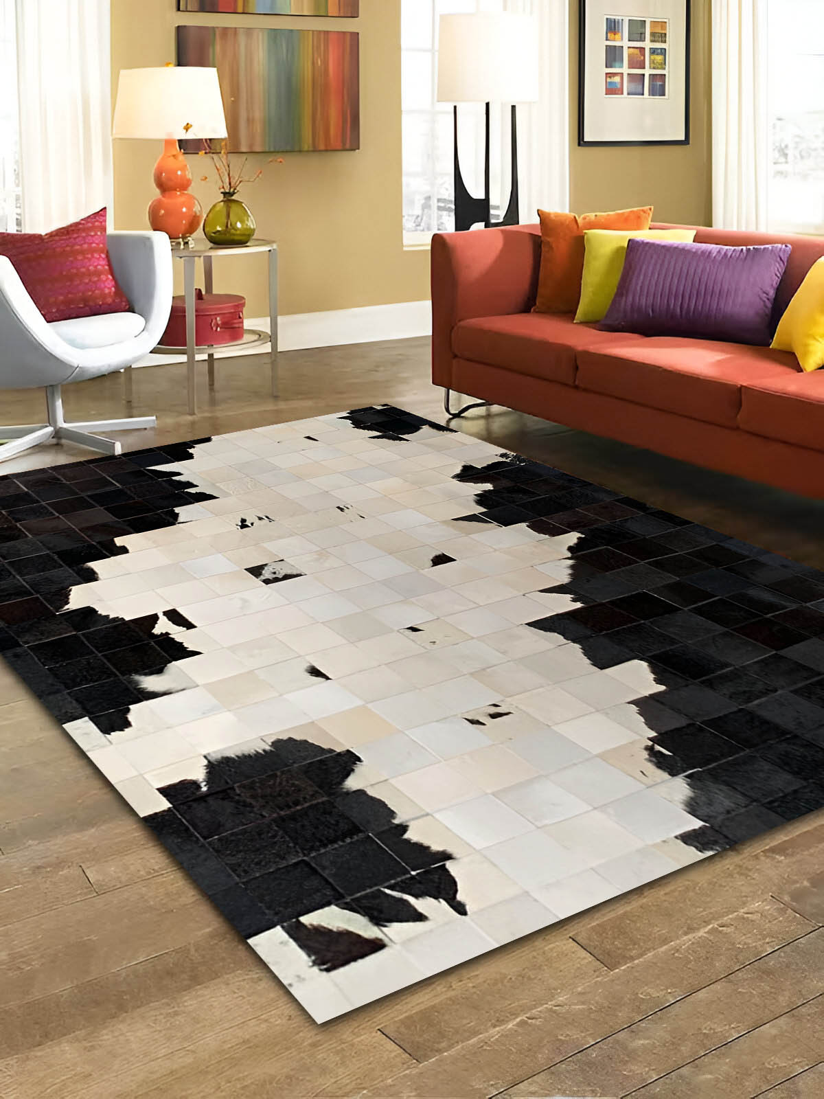 Black and White Natural Cowhide Patchwork Rug, Handmade Cow Skin Non Slip Rug